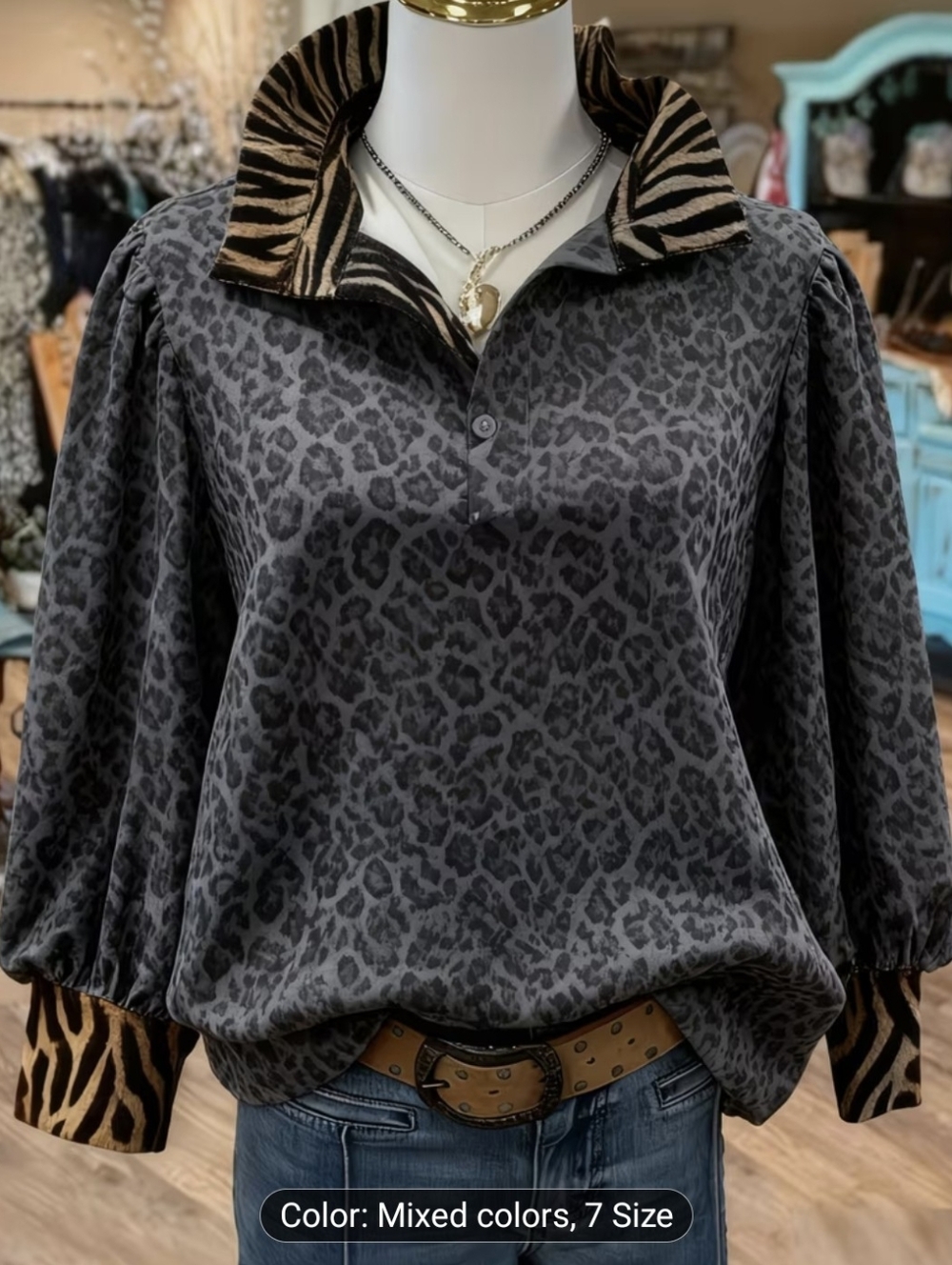 Animal Print Ruffle Collar Blouse